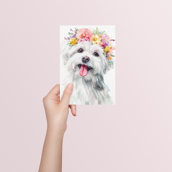 Watercolor White Maltese Dog Portrait Wall Art Print Poster, Unframed - Picture 5 of 6